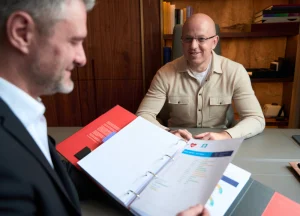 Maritime attorney discussing Jones Act claim paperwork with injured seaman