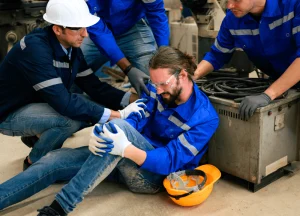 Maritime worker receiving medical treatment aboard a vessel after an offshore injury.