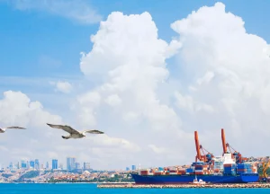 Maritime law concept showing justice scales and harbor