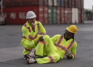 A longshoreman in a hard hat being helped after an injury on a dock