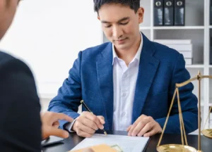Lawyer reviewing and signing documents during a client consultation.