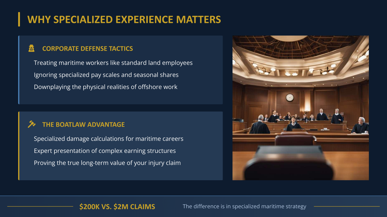 Corporate defense tactics versus BoatLaw's specialized maritime damage calculations, beside a courtroom photo