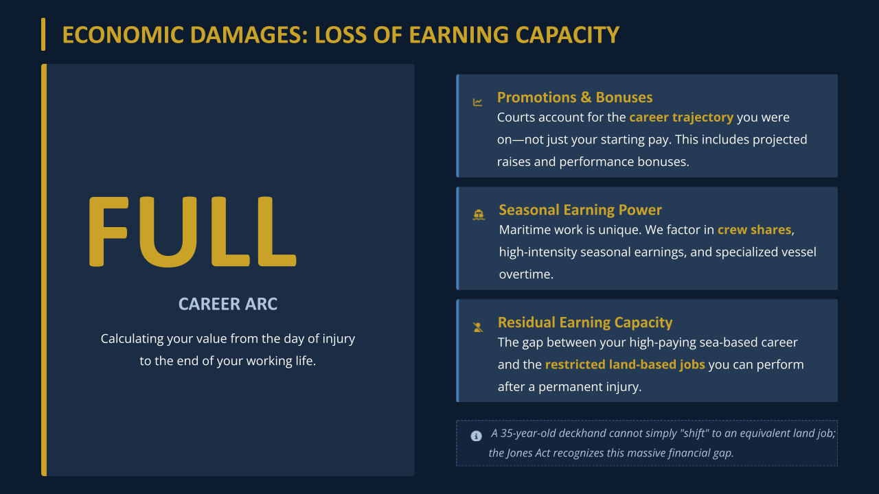 Loss of earning capacity covers a Jones Act seaman's full career arc: promotions, seasonal pay, and reduced future earnings