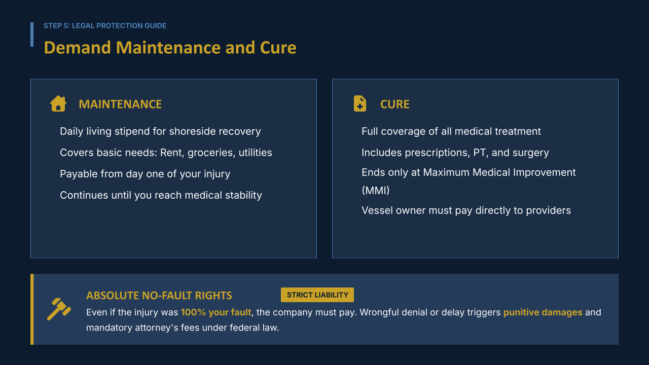 Maintenance is a daily living stipend; cure is full medical care, both owed no-fault until maximum medical improvement.