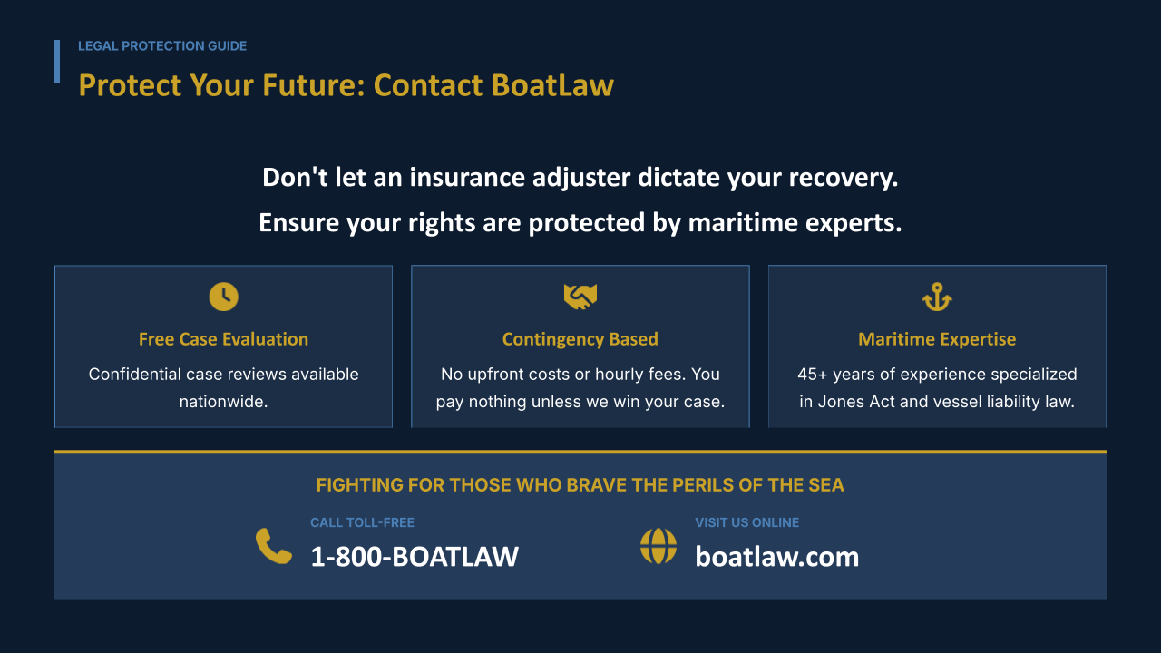 BoatLaw: free confidential case evaluation, no fees unless you win, Jones Act focus — call 1-800-BOATLAW.
