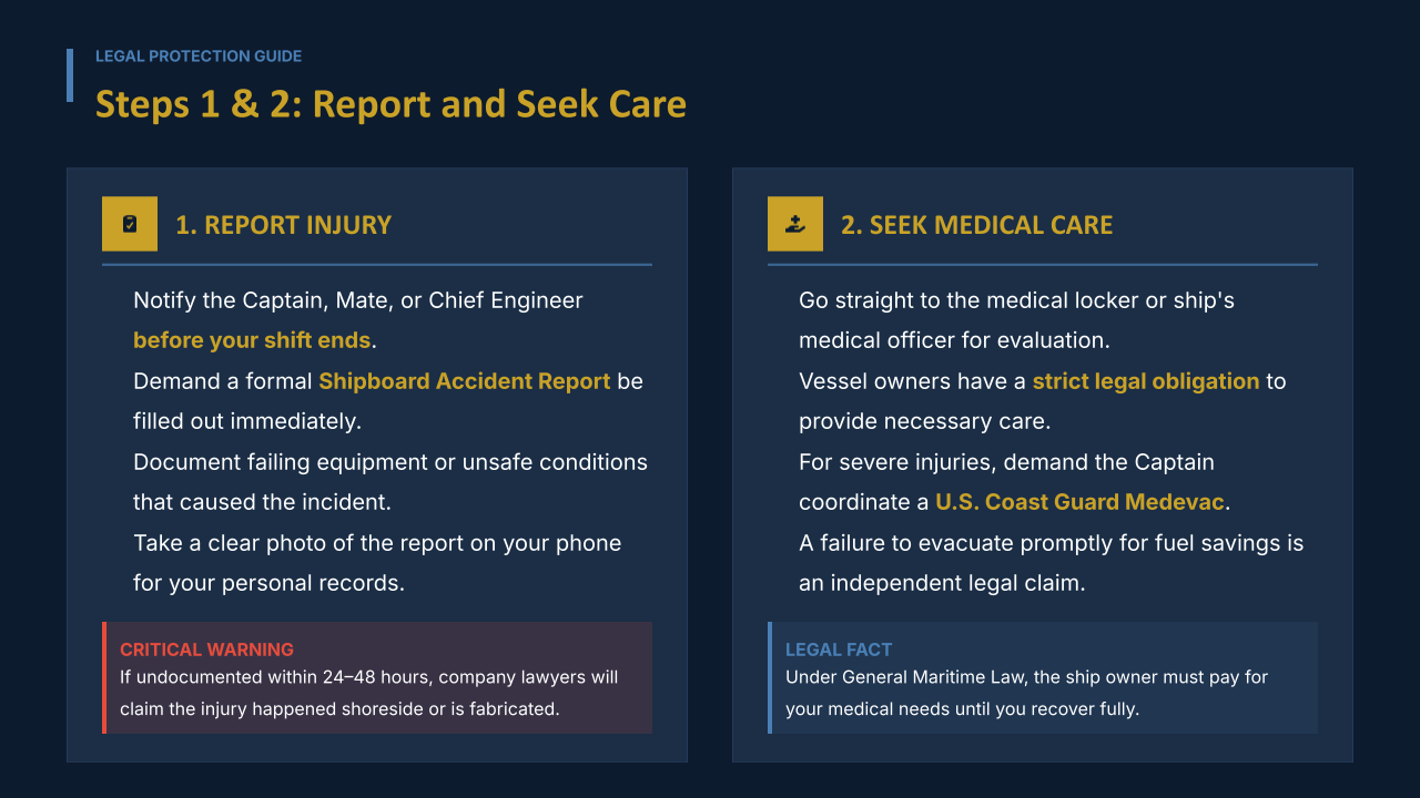 Steps 1 and 2 after a maritime injury: report it to the captain immediately, then seek medical care onboard