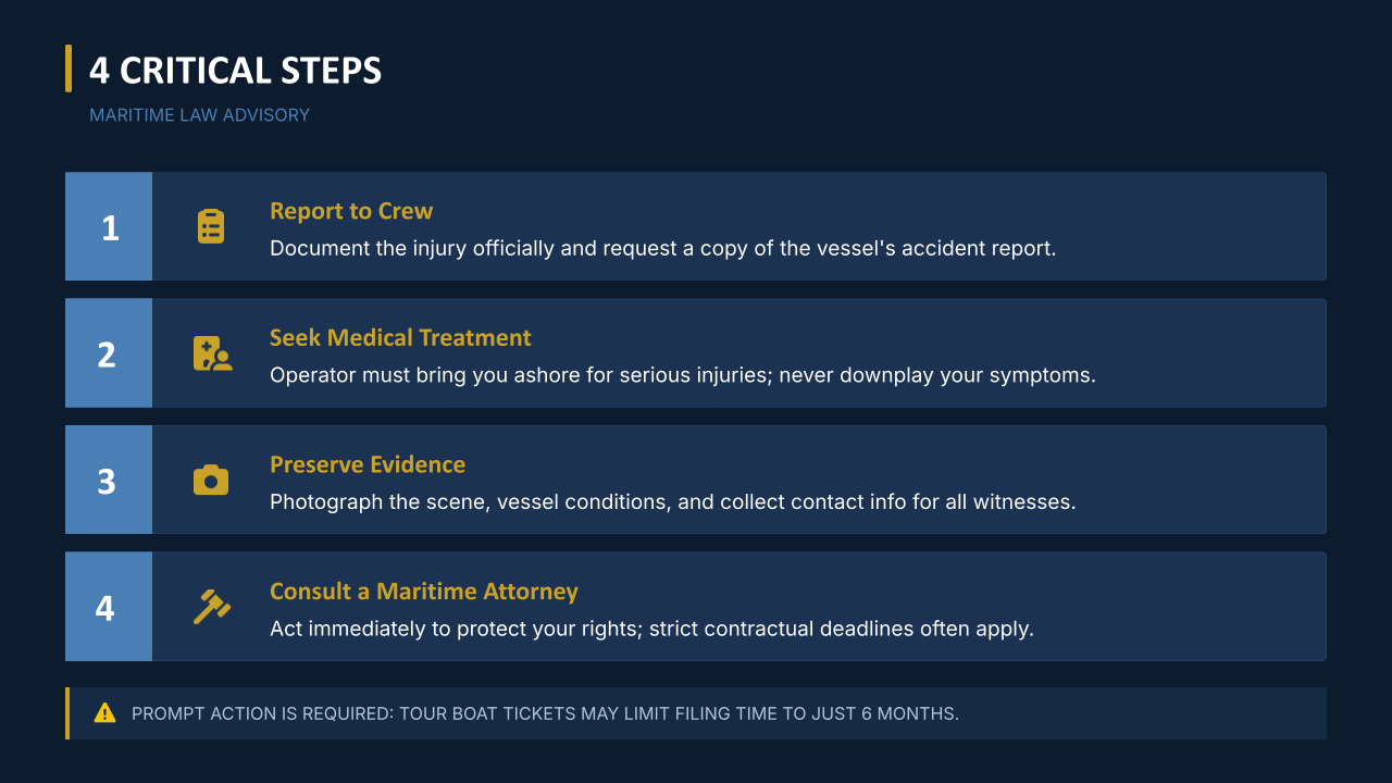 4 steps after a tour boat injury: report to crew, get medical care, preserve evidence, consult a maritime attorney